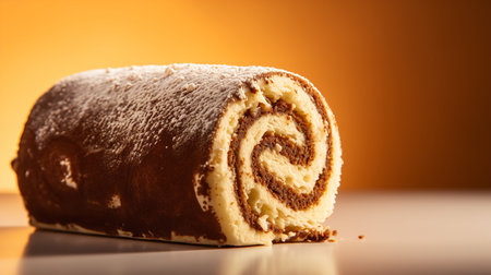 Close-Up Photography of a perfectly round Swiss Roll Cake against a bright cream backgroundの素材