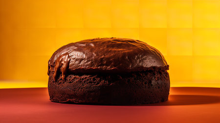 Close-Up Photography of a perfectly round Chocolate Velvet Cake against a bright yellow backgroundの素材
