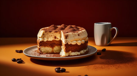 Close-Up Photography of a perfectly round Tiramisu Cake against a bright beige backgroundの素材