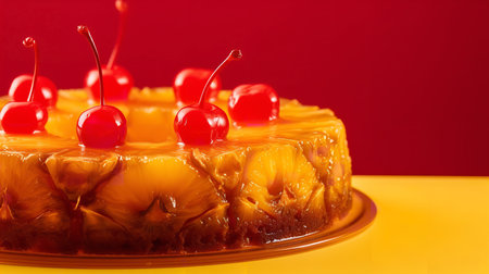 Close-Up Photography of a perfectly round Pineapple Upside Down Cake against a bright yellow backgroundの素材