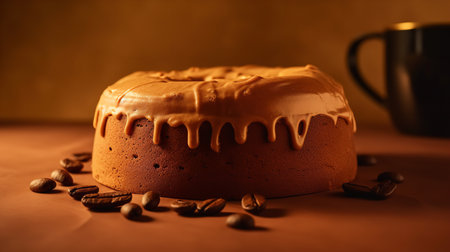 Close-Up Photography of a perfectly round Espresso Cake against a bright coffee-colored backgroundの素材