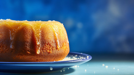 Close-Up Photography of a perfectly round Lemon Drizzle Cake against a bright blue backgroundの素材