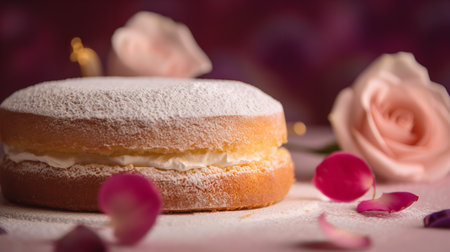 Close-Up Photography of a perfectly round Victoria Sponge Cake against a bright rose backgroundの素材