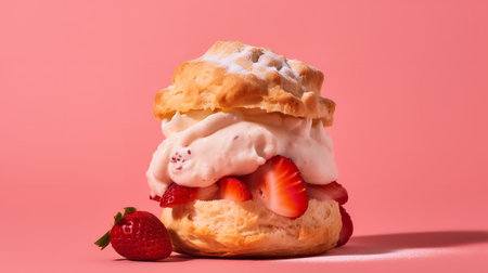 Close-Up Photography of a perfectly round Strawberry Shortcake against a bright pink backgroundの素材