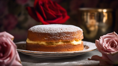 Close-Up Photography of a perfectly round Victoria Sponge Cake against a bright rose backgroundの素材