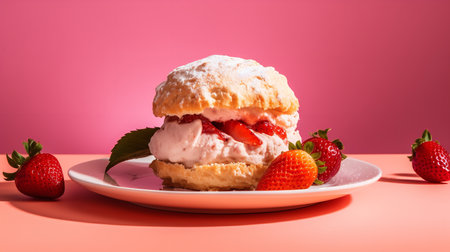 Close-Up Photography of a perfectly round Strawberry Shortcake against a bright pink backgroundの素材