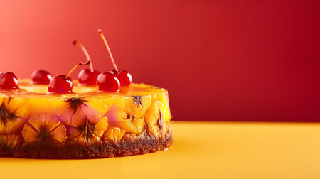 Close-Up Photography of a perfectly round Pineapple Upside Down Cake against a bright yellow backgroundの素材