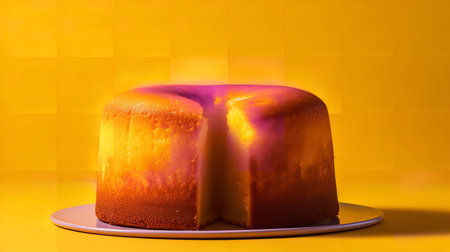 Close-Up Photography of a perfectly round Yellow Butter Cake against a bright yellow backgroundの素材