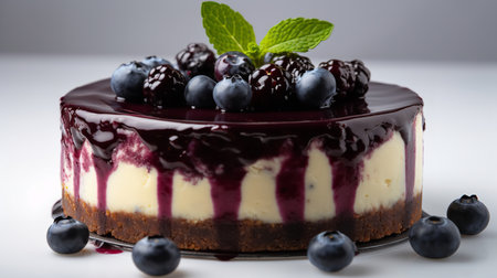 Close-Up Photography of a perfectly round Blueberry Cheesecake against a bright white backgroundの素材