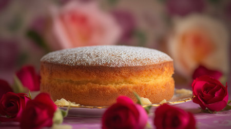 Close-Up Photography of a perfectly round Victoria Sponge Cake against a bright rose backgroundの素材