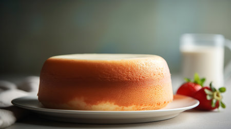 Close-Up Photography of a perfectly round Three Milk Cake against a bright milky backgroundの素材