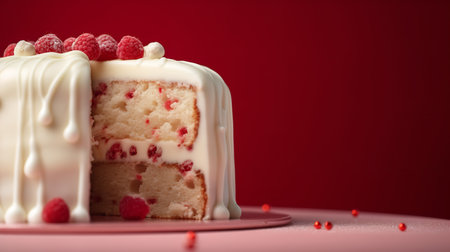 Close-Up Photography of a perfectly round White Chocolate Raspberry Cake against a bright white and red backgroundの素材