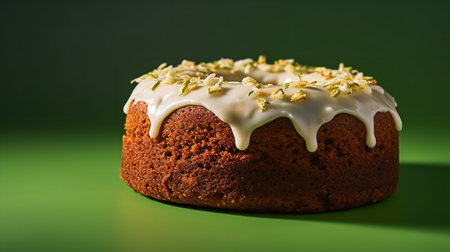 Close-Up Photography of a perfectly round Zucchini Cake against a bright green backgroundの素材