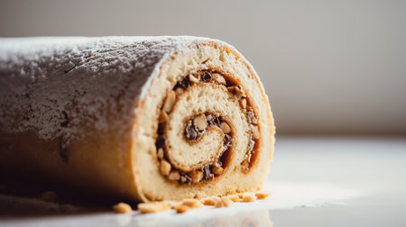 Close-Up Photography of a perfectly round Swiss Roll Cake against a bright cream backgroundの素材