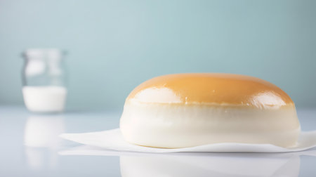 Close-Up Photography of a perfectly round Three Milk Cake against a bright milky backgroundの素材