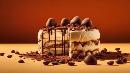 Close-Up Photography of a perfectly round Tiramisu Cake against a bright beige backgroundの素材