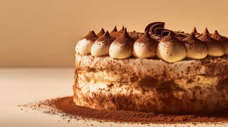 Close-Up Photography of a perfectly round Tiramisu Cake against a bright beige backgroundの素材