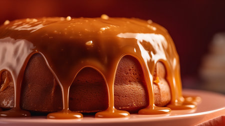Close-Up Photography of a perfectly round Dulce De Leche Cake against a bright caramel backgroundの素材