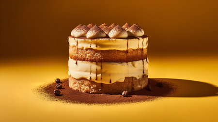 Close-Up Photography of a perfectly round Tiramisu Cake against a bright beige backgroundの素材
