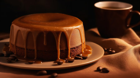 Close-Up Photography of a perfectly round Espresso Cake against a bright coffee-colored backgroundの素材