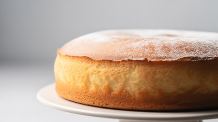 Close-Up Photography of a perfectly round Vanilla Cake against a bright white backgroundの素材