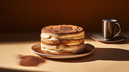 Close-Up Photography of a perfectly round Tiramisu Cake against a bright beige backgroundの素材