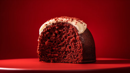 Close-Up Photography of a perfectly round Red Velvet Cake against a bright red backgroundの素材
