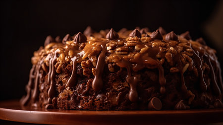 Close-Up Photography of a perfectly round German Chocolate Cake against a bright brown backgroundの素材