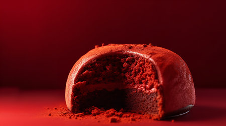 Close-Up Photography of a perfectly round Red Velvet Cake against a bright red backgroundの素材