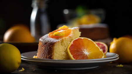 Close-Up Photography of a slice of Citrus Olive Oil cakeの素材