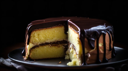 Close-Up Photography of a slice of Boston Cream Pie cakeの素材