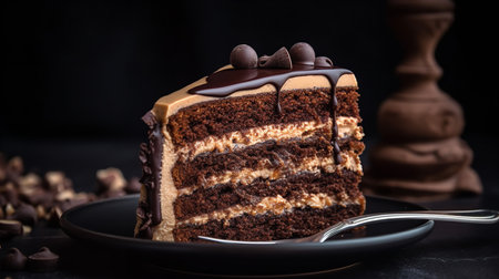 Close-Up Photography of a slice of triple layered mocha cakeの素材
