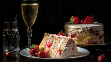 Close-Up Photography of a slice of Champagne and Strawberry cakeの素材