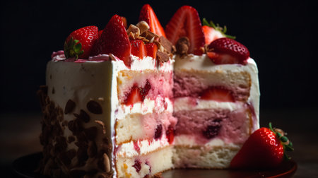 Close-Up Photography of a slice of strawberry layer cakeの素材