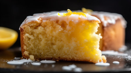 Close-Up Photography of a slice of lemon drizzle cakeの素材
