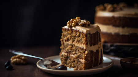 Close-Up Photography of a slice of coffee walnut cakeの素材