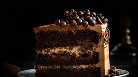 Close-Up Photography of a slice of triple layered mocha cakeの素材