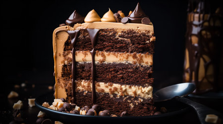 Close-Up Photography of a slice of triple layered mocha cakeの素材