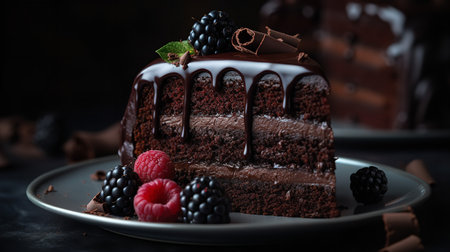 Close-Up Photography of a slice of dark chocolate ganache cakeの素材