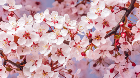 This image shows a blossoming pattern of cherry flowers in spring.の素材