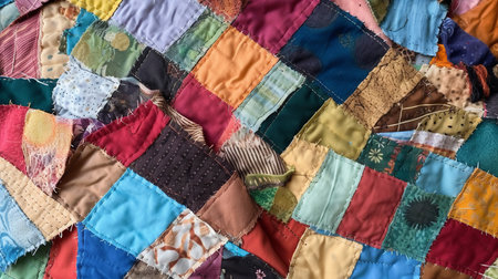 This image shows a multicolored pattern of a homemade patchwork quilt.の素材
