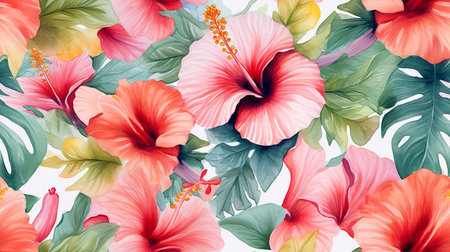This image shows a tropical pattern of watercolor hibiscus flowers.の素材