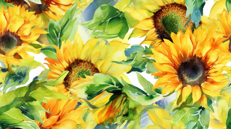 This image shows an artistic pattern of watercolor sunflowers.の素材