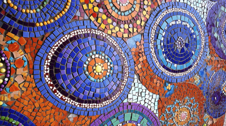 This image shows a vibrant mosaic pattern of ceramic tiles.の素材