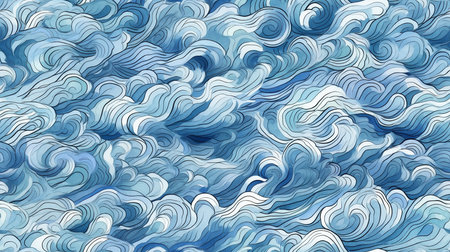 This image shows a tranquil pattern of watercolor ocean waves.の素材