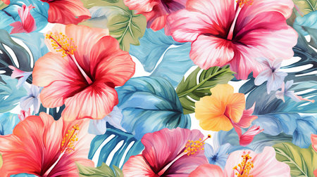 This image shows a tropical pattern of watercolor hibiscus flowers.の素材