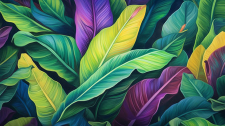 This image shows a vibrant pattern of tropical leaves in nature.の素材