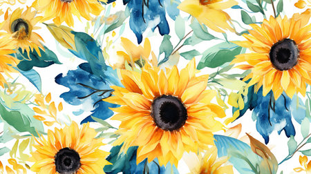 This image shows an artistic pattern of watercolor sunflowers.の素材