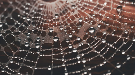 This image shows an intricate pattern of a spider web with morning dew.の素材