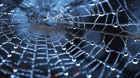 This image shows an intricate pattern of a spider web with morning dew.の素材